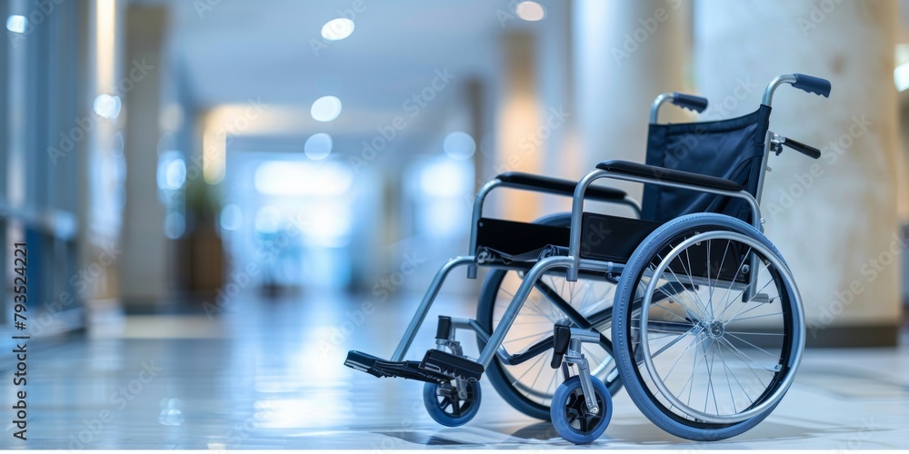 Empty wheelchair positioned in a brightly lit hospital hallway. Empty wheelchair positioned in a brightly lit hospital hallway.