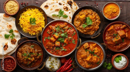 Gourmet top view of traditional curries  featuring both vegetable and meat options  beautifully arranged with roti and naan for a culinary ad  isolated background