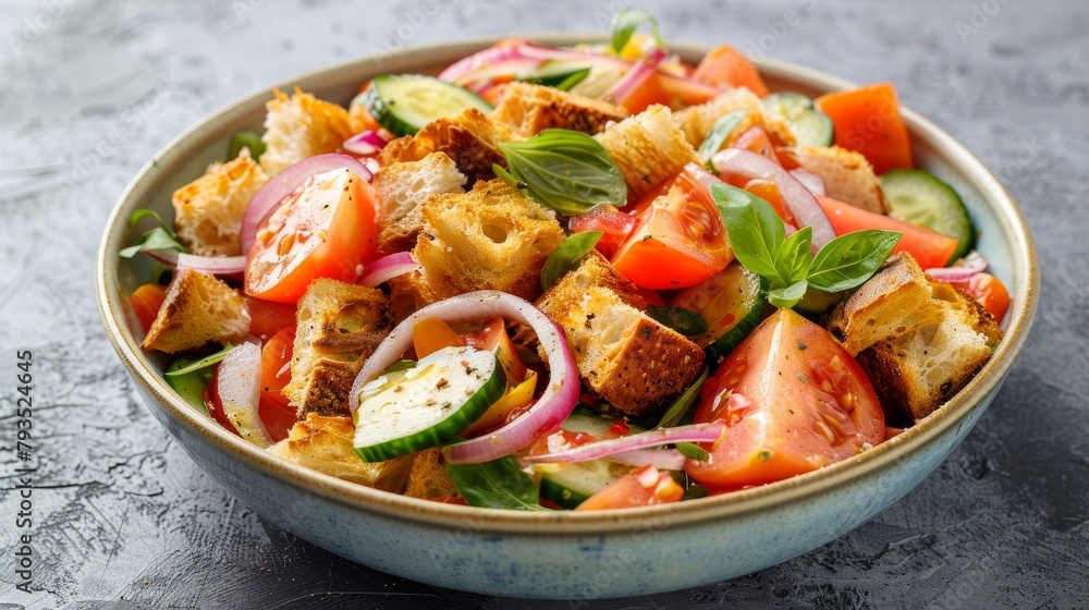 Gourmet top shot of traditional Panzanella with chunks of stale bread, fresh tomatoes, crisp cucumbers, and red onions, drizzled with olive oil, on a plain background Gourmet top shot of traditional Panzanella with chunks of stale bread, fresh tomatoes, crisp cucumbers, and red onions, drizzled with olive oil, on a plain background