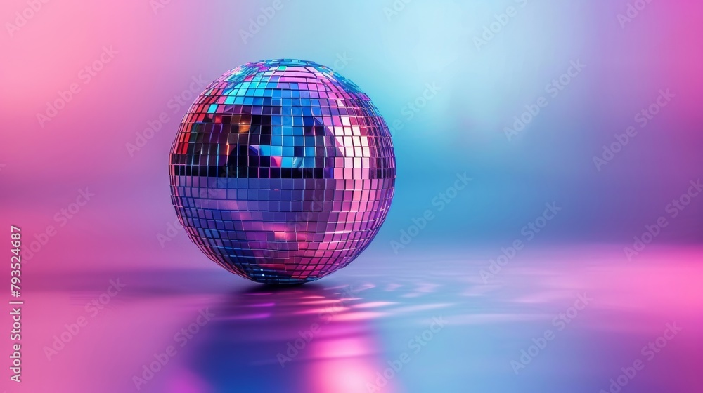Reflective disco ball under pink and blue neon lights with glossy floor reflection. Reflective disco ball under pink and blue neon lights with glossy floor reflection.