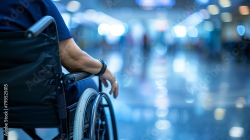 Individual in a wheelchair navigating through a busy airport terminal.