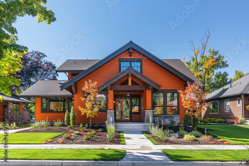 A modern burnt orange craftsman cottage style home, featuring a triple pitched roof, front yard landscaping, a straightforward sidewalk, and striking curb appeal. photo