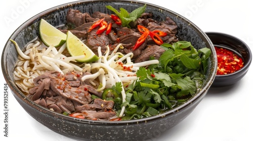 Gourmet presentation of beef Pho, aromatic with spices, adorned with lime wedges and chili sauce on the side, perfect for a food advertisement, isolated background photo