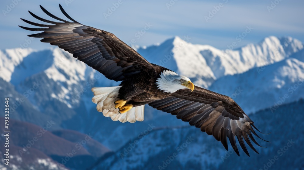 Fototapeta premium American bald eagle soaring gracefully in the blue sky, displaying its majestic wings and freedom