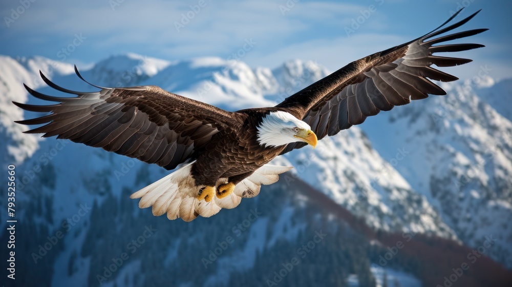 Fototapeta premium American bald eagle soaring gracefully in the blue sky, displaying its majestic wings and freedom