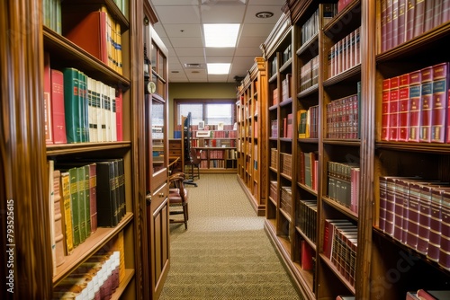 Professional Photography of a law firm's library filled with shelves of legal textbooks, reference materials, and historical case files, Generative AI