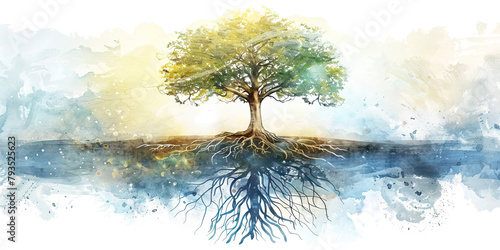 Spiritual Heritage: The Roots and Towering Tree - Visualize the roots of a tree representing the foundation laid by a deceased leader, with the tree towering above symbolizing their enduring legacy