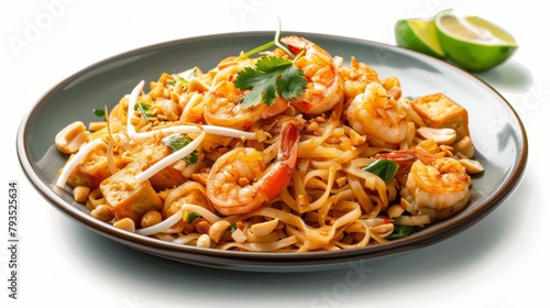 Gourmet Pad Thai presentation, rice noodles mixed with tofu, eggs, and shrimp, richly flavored with garlic and chili, peanuts and lime garnish, isolated background
