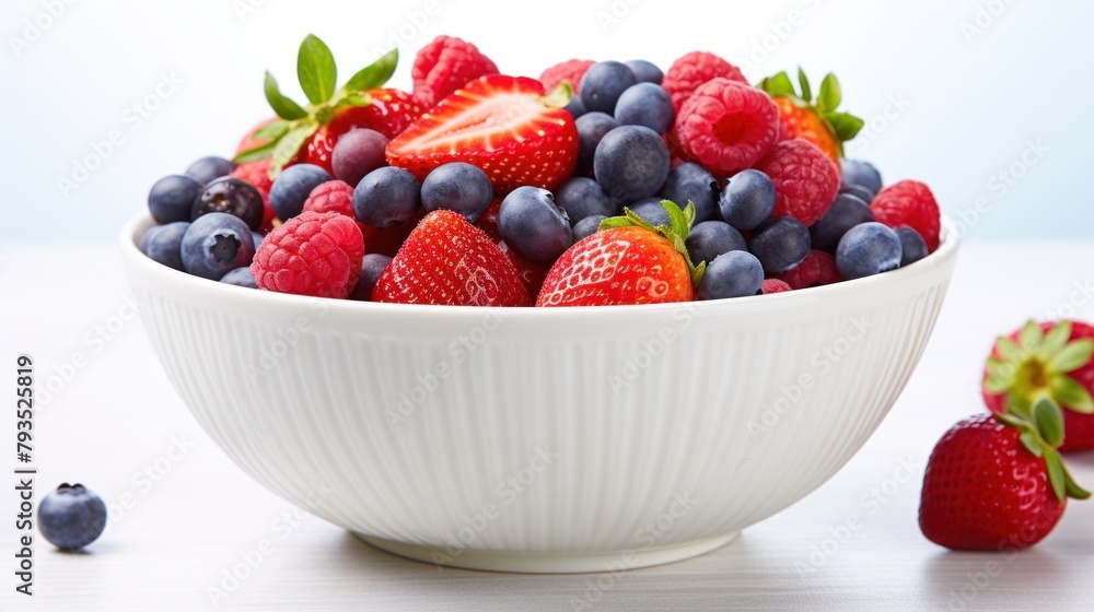 A refreshing bowl of mixed berries, on white background A refreshing bowl of mixed berries, on white background