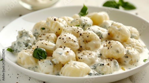 Gourmet image of Italian gnocchi dumplings, drizzled with creamy gorgonzola sauce, perfect for culinary ads, on a stark isolated background