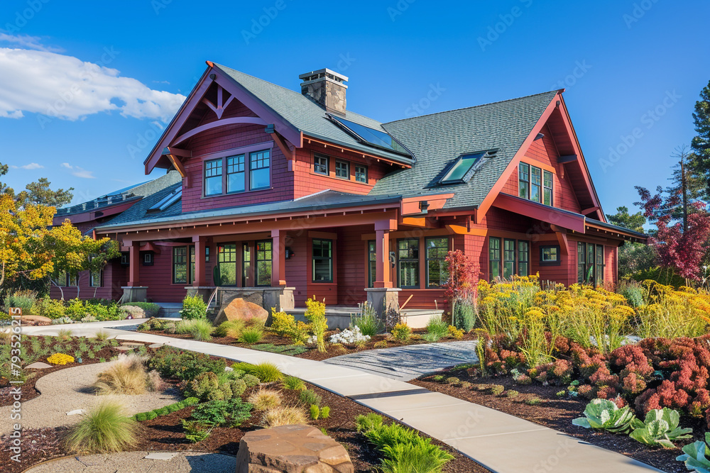 A newly built, rich garnet red craftsman cottage style home, with a triple pitched roof, artistic landscaping, a clean pathway, and vibrant curb appeal, embodying a luxurious aesthetic.