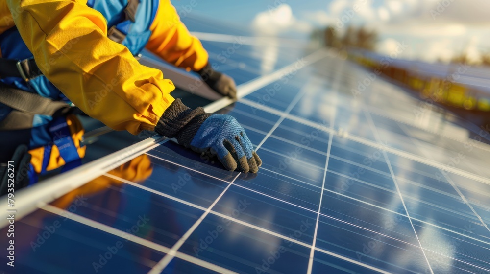 renewable energy concept,A worker is fixing solar panels on the roof. renewable energy concept,A worker is fixing solar panels on the roof.