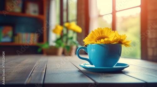 blue cup of coffee on wooden table with yellow flowers in white pot and liter inspiration note in morning sunlight.AI generated image