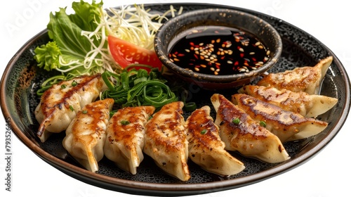Flavorful top shot of Japanese Gyoza with a stuffing of chicken, cabbage, and spices, served with a unique dipping sauce, perfect for food ads, isolated background