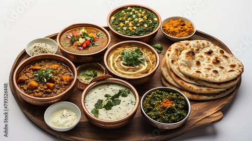 Flavorful spread of Indian and Southeast Asian curries, from lentil to vegetable, artistically served with naan and roti on a clean isolated background, studio lighting