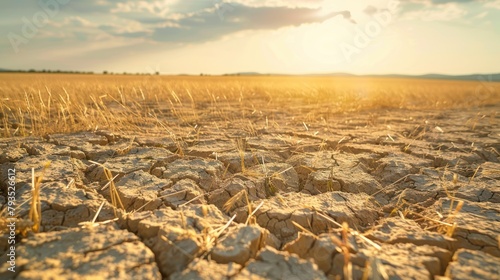 Close-up of dry field of wheat on deserted arid land, climate change  photo