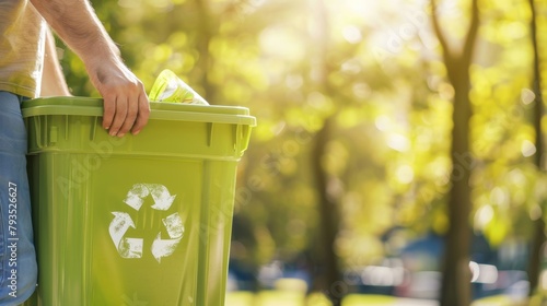 Individual contributing to environmental sustainability by using a green recycle bin in a park.