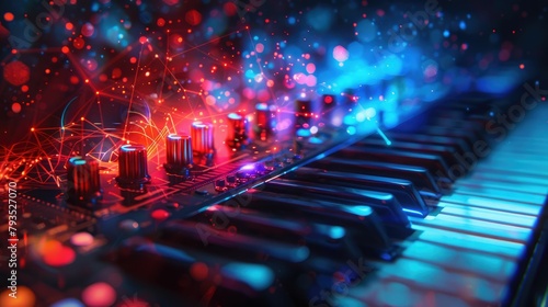 A music composition software screen, brought to life with vibrant digital art,