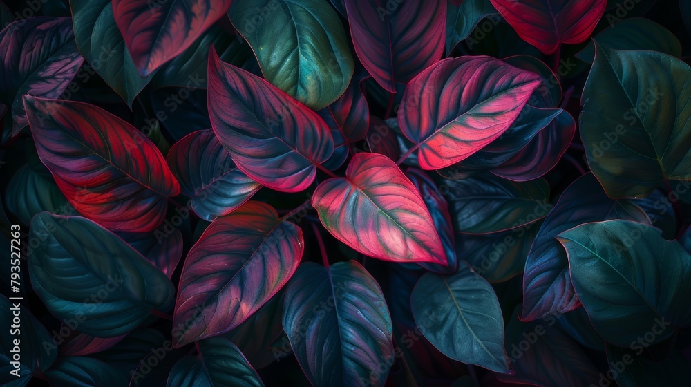 Richly colored leaves in red and blue hues, offering a natural texture and a feeling of lushness. Richly colored leaves in red and blue hues, offering a natural texture and a feeling of lushness.