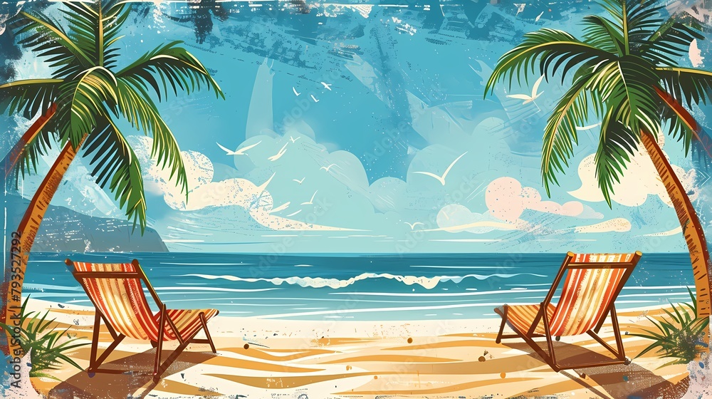 Retro beach palm trees scene illustration poster background