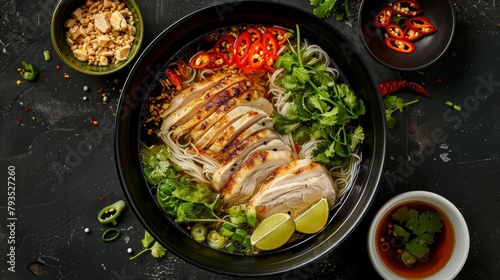 Elegant top view of Vietnamese noodle soup, Pho, with chicken slices, aromatic broth, and colorful side garnishes, studio lit on an isolated backdrop