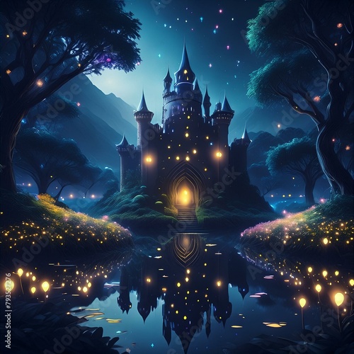 a fairytale castle surrounded by a moat, with fireflies twinkling like stars in the dark waters, guiding the way to its enchanted gates."