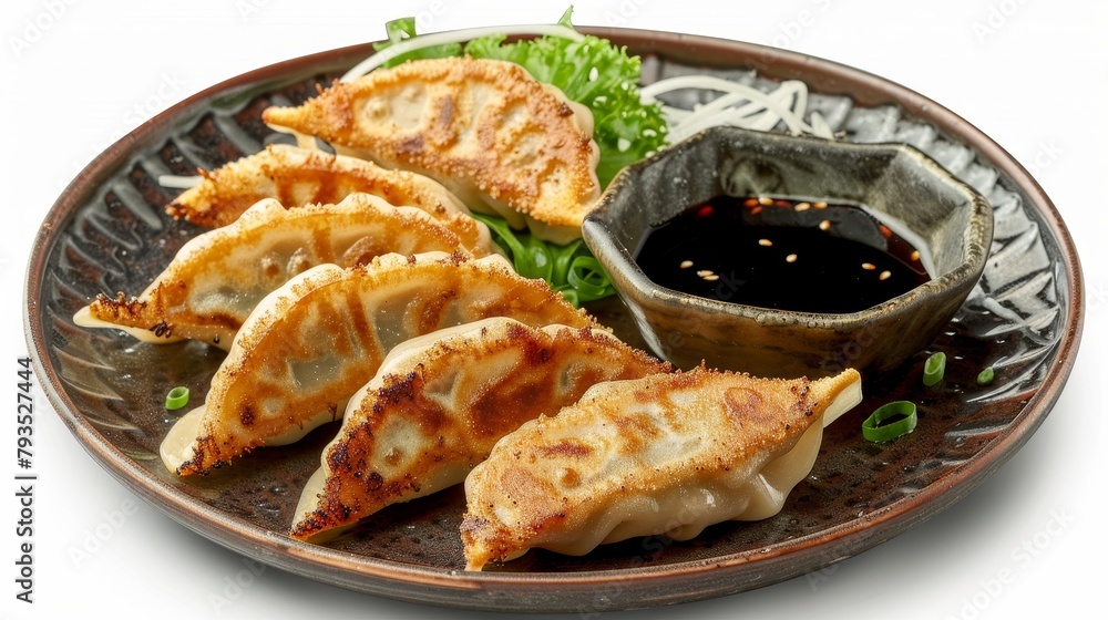 Elegant top view of Gyoza, crafted with pork, garlic, and ginger, served with a signature dip of soy sauce, rice vinegar, and chili oil, on an isolated white background Elegant top view of Gyoza, crafted with pork, garlic, and ginger, served with a signature dip of soy sauce, rice vinegar, and chili oil, on an isolated white background