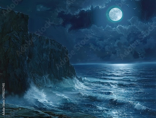 Coastal Cliff Night - Serenity - Moonlit Seascape - A rugged coastal cliff with crashing waves below, illuminated by the soft glow of the moon in the night sky