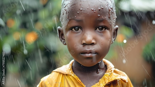 Close-up of Little Native African Boy Standing Outdoors Under the Rain  photo