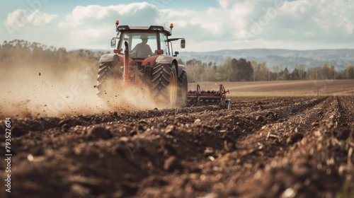 Farmer tilling the soil with disc harrow, dust rolling behind tractor  photo