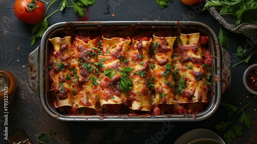 Elegant top view of cannelloni in a baking dish, tubes filled with savory mixtures, drenched in tomato sauce, ready to serve, studio-lit isolated background