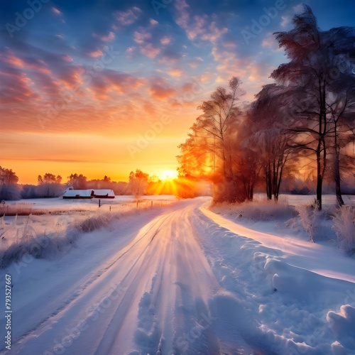 Beautiful view of the sunrise in the morning on the country snowy road. Scenery landscape. © Hassan