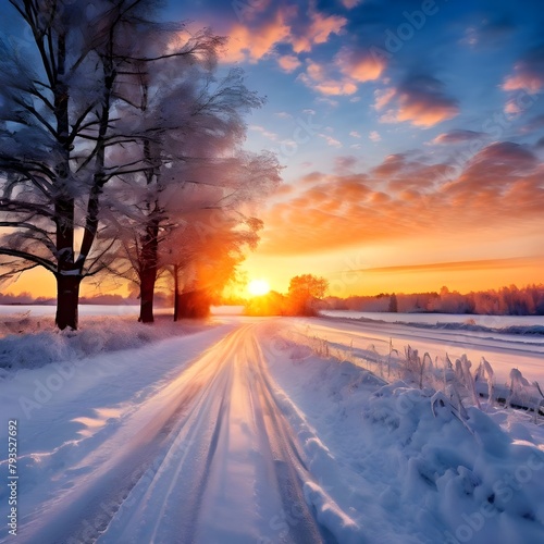 Beautiful view of the sunrise in the morning on the country snowy road. Scenery landscape.