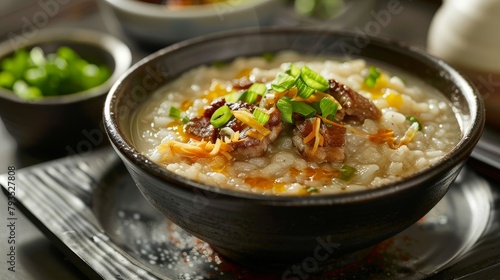 Elegant serving of congee, Asian rice porridge, showcasing its velvety texture and topped with a mix of traditional condiments, perfect for food advertising, isolated background photo