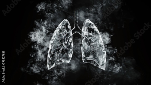 Mockup of a lung covered with smoke on a black background.  photo