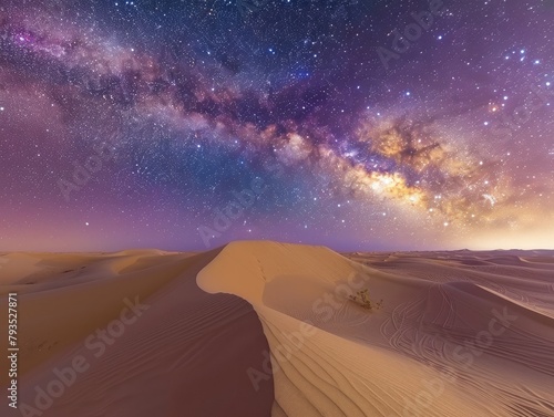 Desert Dunes Night - Solitude - Milky Way Glow - Vast desert dunes stretching into the distance, with the Milky Way galaxy shining brightly overhead