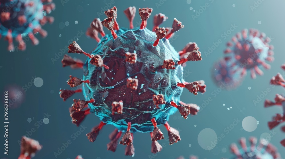 Highly detailed microscopic view of a virus with prominent red spikes on a blue gradient background. Highly detailed microscopic view of a virus with prominent red spikes on a blue gradient background.