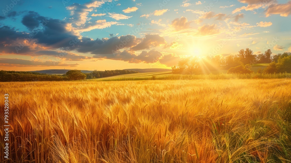 Golden sunset paints the sky over a rural field of tall grass