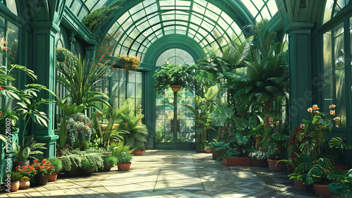 A rich emerald green house with a large  elegant greenhouse filled with tropical plants and flowers.