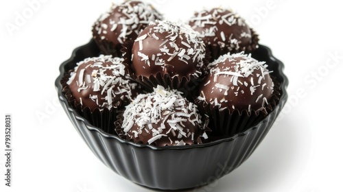 Close up of round chocolates with coconut flakes in a black ceramic cup isolated on a white background