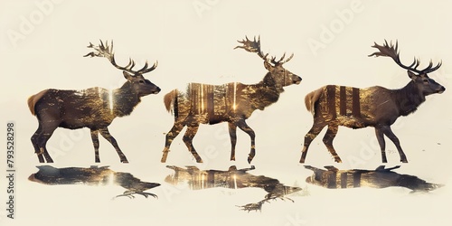 An illustration of double exposer on deer's with jungle view inside of it on a clean backdrop for text or product advertisement or a background, Generative AI.