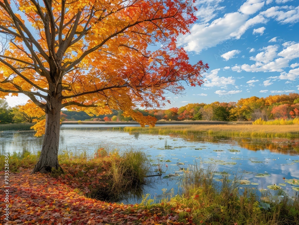 Fall Colors - Beauty - Autumn Glow - A tranquil scene of autumn foliage aglow with warm hues of red, orange, and yellow, casting a golden light over the landscape