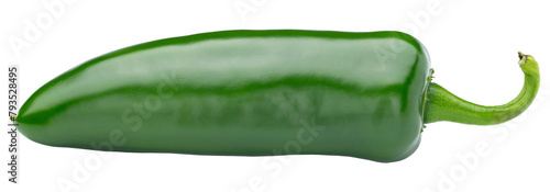 One green jalapeño pepper on isolated white background. Spicy jalapeno pepper with stem. Fresh, ripe, and good for salad of salsa. Healthy eating with nutrition. Whole Mexican pepper plant.  photo