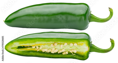 Jalapeno pepper. Green jalapeño pepper on isolated white background. Spicy jalapeno pepper with stem. Fresh, ripe and good for salad of salsa. Healthy eating with nutrition. Cut in half Mexican pepper photo