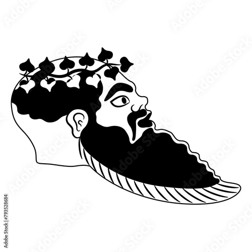 Head in profile of a bearded ancient Greek Satyr wearing ivy wreath. Vase painting style. Black and white silhouette.
