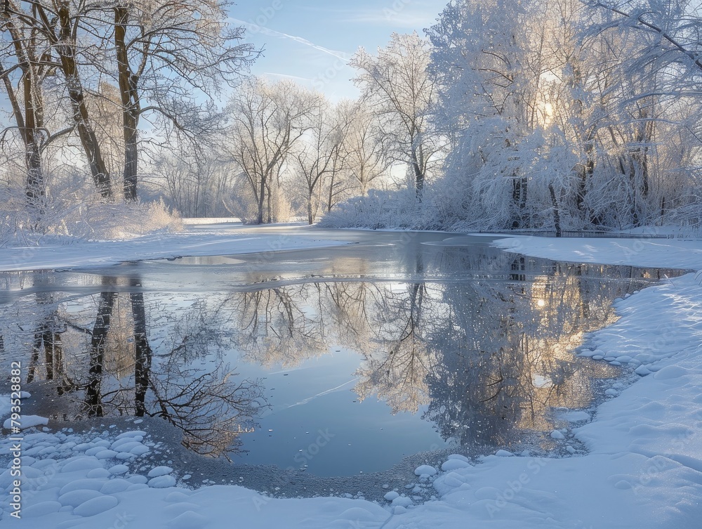 Frozen Lake - Tranquility - Ice Mirror - A tranquil frozen lake reflecting the surrounding snow-covered landscape, with delicate ice formations shimmering in the sunlight 