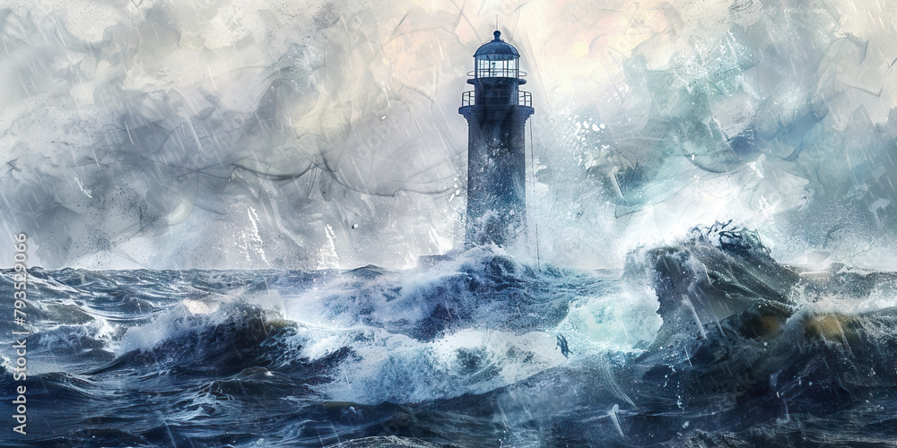 Guiding Beacon: The Lighthouse and Stormy Seas - Visualize a lighthouse guiding ships through stormy seas, symbolizing the role of a deceased religious leader in providing guidance and safety
