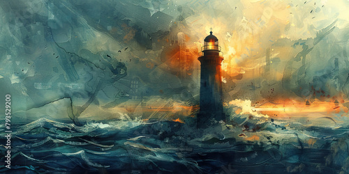 Guiding Beacon  The Lighthouse and Stormy Seas - Visualize a lighthouse guiding ships through stormy seas  symbolizing the role of a deceased religious leader in providing guidance and safety