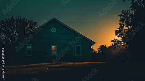 A silhouette of a dark teal house at sunset, with the warm light casting the house's shadow across the lawn.