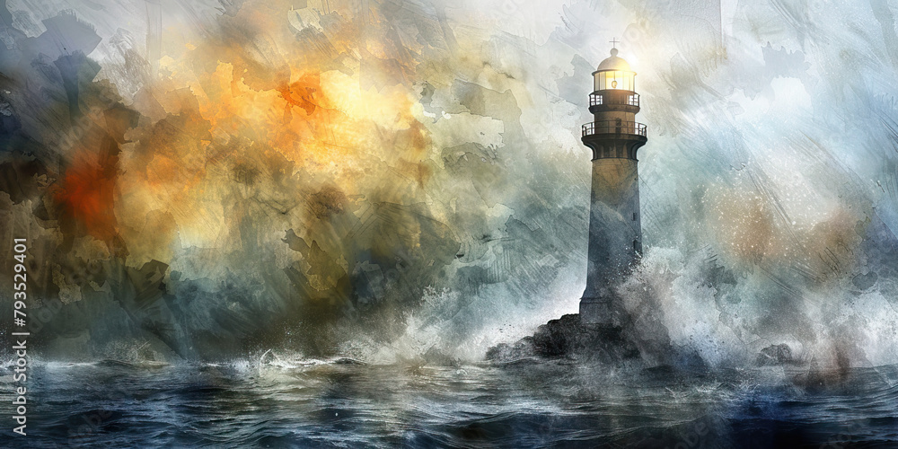 Guiding Beacon: The Lighthouse and Stormy Seas - Visualize a lighthouse guiding ships through stormy seas, symbolizing the role of a deceased religious leader in providing guidance and safety
